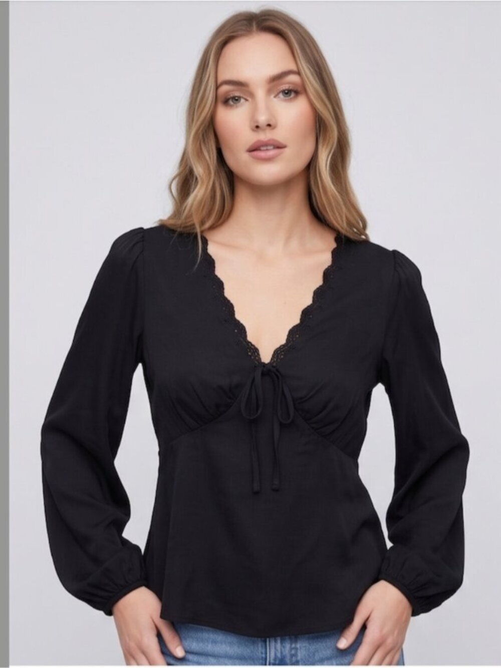 Gap Black Scalloped Eyelet V-Neck Blouse | Tie-Front Balloon Sleeve Empire Top